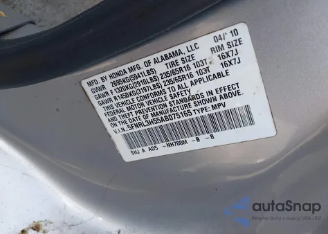 2010 Honda Odyssey Ex z USA, uszkodzony, nr VIN 5FNRL3H55AB075165